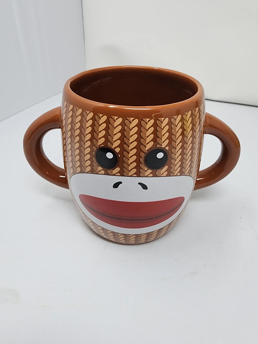 Playful Sock Monkey Double-Handle Ceramic Mug - Brown with Red Mouth
